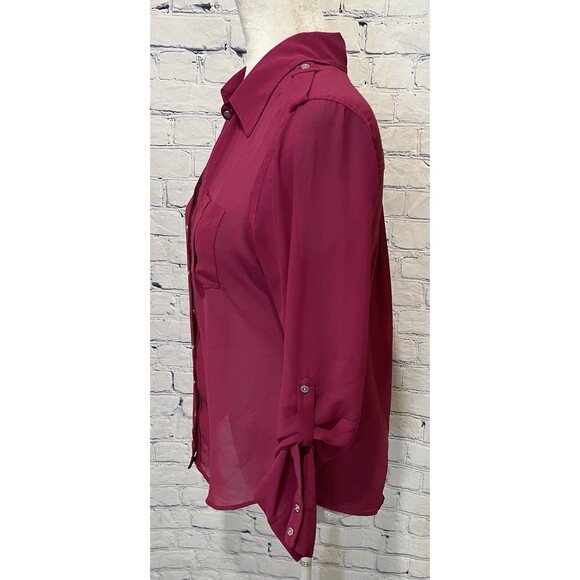 Guess Pink Button Down Roll Tab Long Sleeve Sheer Blouse Top Size Small - Picture 3 of 7